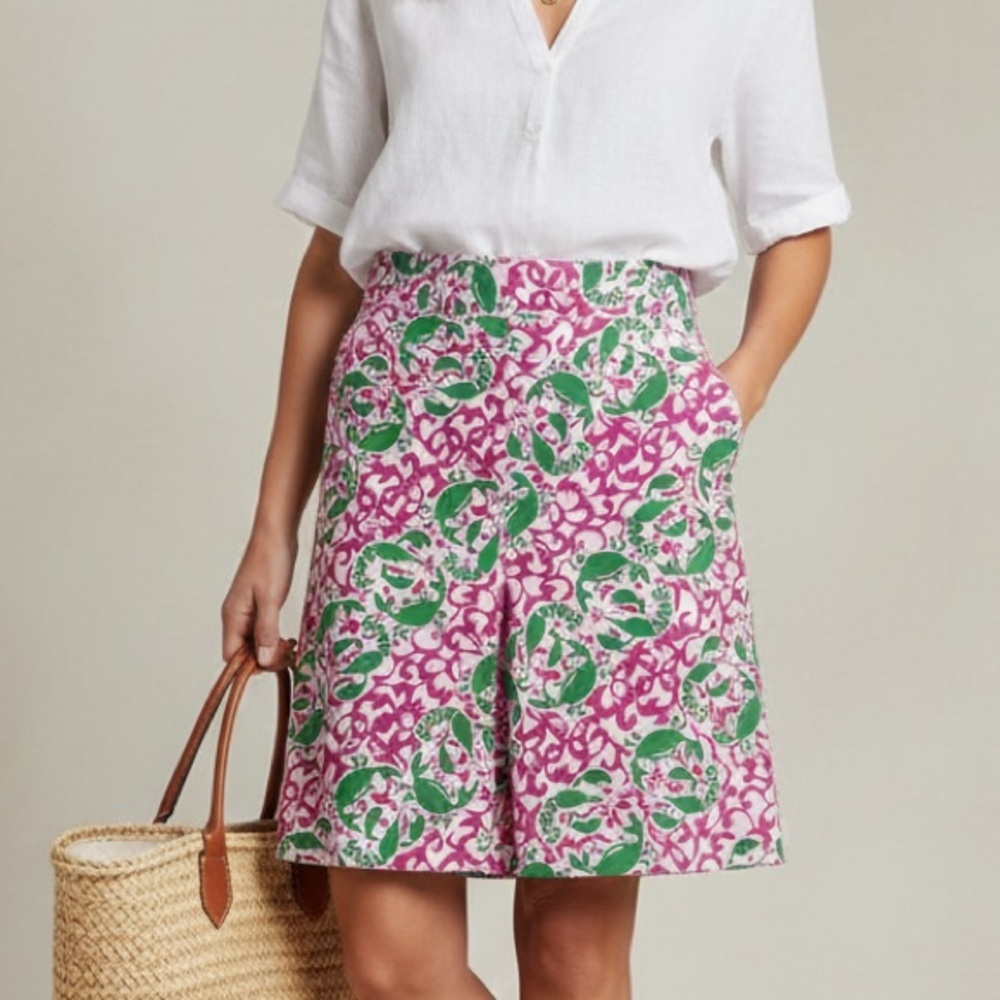 L L BEAN A-Line Skirt Lobster Crab Print Sz 10R Pink Green Pockets Cotton Preppy